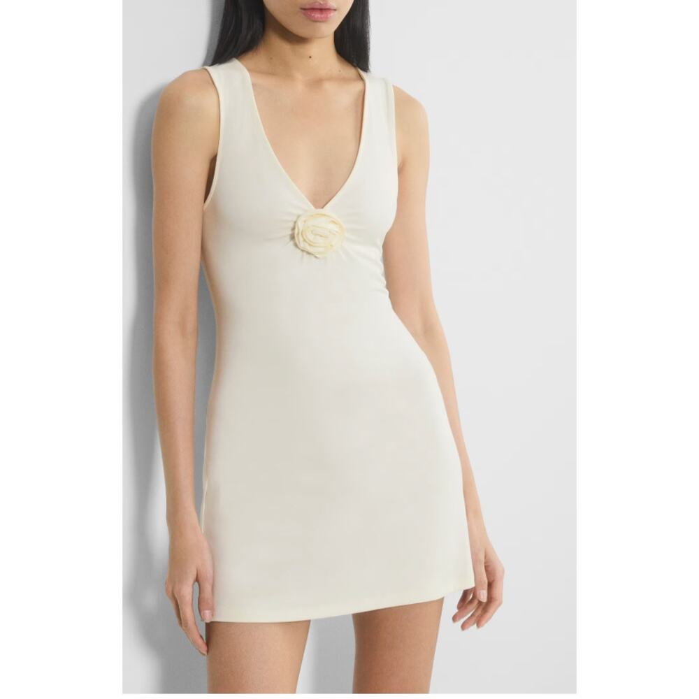 NEW Aritzia Wilfred GoodLux Boleyn Rosette V Neck Micro Dress Ivory White Small